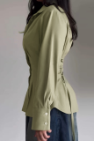 Green Casual Solid Color Buckle Turndown Collar Tops