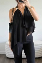Black Halter Neck Blouse Layered Ruffle Hem Chiffon Sleeveless Casual Top