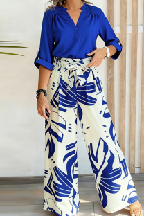Dark Blue Casual Print Buckle V Neck Three Quarter Two Pieces