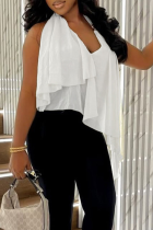 White Halter Neck Blouse Layered Ruffle Hem Chiffon Sleeveless Casual Top