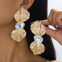 Gold Textured Bow Earrings Gemstone Accent Statement Drop Dangle Jewelry