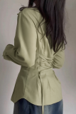 Green Casual Solid Color Buckle Turndown Collar Tops