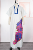 Rose Red Maxi Dress Butterfly Print Short Sleeve Split Hem Formal Gown