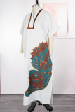 Rose Red Maxi Dress Butterfly Print Short Sleeve Split Hem Formal Gown