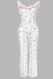 White Casual Print Stringy Selvedge V Neck Sleeveless Two Pieces