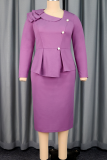 Purple Faux Two Piece Peplum Dress Long Sleeve Button Detail Pencil Hem Formal Gown