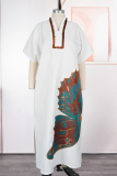 Rose Red Maxi Dress Butterfly Print Short Sleeve Split Hem Formal Gown
