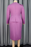 Purple Faux Two Piece Peplum Dress Long Sleeve Button Detail Pencil Hem Formal Gown
