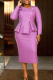 Purple Faux Two Piece Peplum Dress Long Sleeve Button Detail Pencil Hem Formal Gown