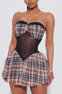 Blue Sexy Casual Street Y2k Plaid Backless Strapless A Line Dresses