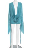 Blue Sexy Hot Club Nightclub Solid Color V Neck Dresses