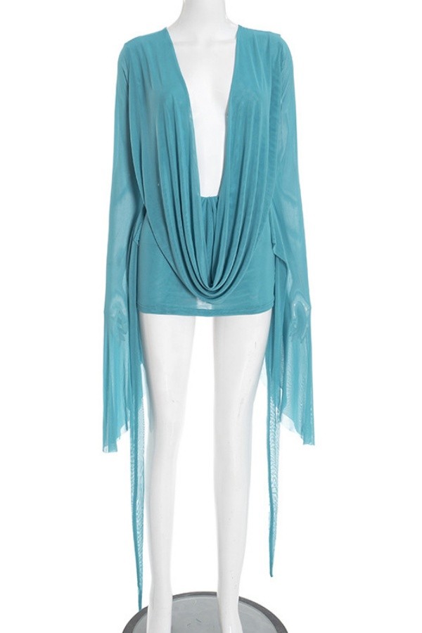 Blue Sexy Hot Club Nightclub Solid Color V Neck Dresses