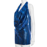 Blue Sexy Street Hot Club Nightclub Sexy club Hot Bronzing Pattern Halter Sleeveless Two Pieces