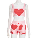 Pink Sexy Casual Street Daily Party Nightclub Y2k Love Print Heart Shaped Sleeveless Two Pieces