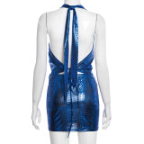 Blue Sexy Street Hot Club Nightclub Sexy club Hot Bronzing Pattern Halter Sleeveless Two Pieces