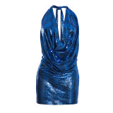 Blue Sexy Street Hot Club Nightclub Sexy club Hot Bronzing Pattern Halter Sleeveless Two Pieces