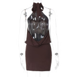 Coffee Sexy Daily Hot Club Nightclub Solid Color Halter Wrapped Skirt Dresses