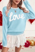 Light Blue Casual Street Daily Y2k Letters Embroidered O Neck Tops