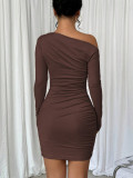 Coffee Sexy Casual Nightclub Office lady Solid Color Off Shoulder Wrapped Skirt Dresses