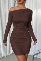 Coffee Sexy Casual Nightclub Office lady Solid Color Off Shoulder Wrapped Skirt Dresses