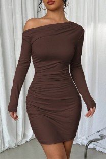 Coffee Sexy Casual Nightclub Office lady Solid Color Off Shoulder Wrapped Skirt Dresses