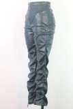 Coffee Sexy Solid Patchwork Fold Mid Waist Pencil Solid Color Bottoms