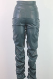 Coffee Sexy Solid Patchwork Fold Mid Waist Pencil Solid Color Bottoms