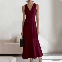 Burgundy Sexy Casual Daily Party Vacation Formal Prom Office lady Solid Color V Neck A Line Dresses