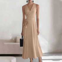 Khaki Sexy Casual Daily Party Vacation Formal Prom Office lady Solid Color V Neck A Line Dresses