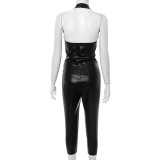 Black Sexy Daily Solid Color Sleeveless Two Pieces