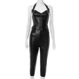 Black Sexy Daily Solid Color Sleeveless Two Pieces