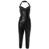 Black Sexy Daily Solid Color Sleeveless Two Pieces