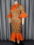 Orange Floral Print Bow Decor Fishtail Dresses