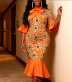 Orange Floral Print Bow Decor Fishtail Dresses