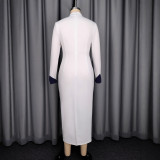 White Business Wear Formal Office lady Patchwork Zipper Contrast V Neck Dresses