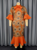 Orange Floral Print Bow Decor Fishtail Dresses