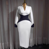 White Business Wear Formal Office lady Patchwork Zipper Contrast V Neck Dresses