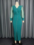 Lake Green Sexy Party Formal Prom Office lady Solid Color Mesh V Neck Wrapped Skirt Dresses