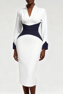 White Business Wear Formal Office lady Patchwork Zipper Contrast V Neck Dresses
