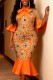 Orange Floral Print Bow Decor Fishtail Dresses