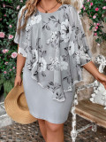 Grey Plus Size Casual O Neck Wrapped Skirt Dresses