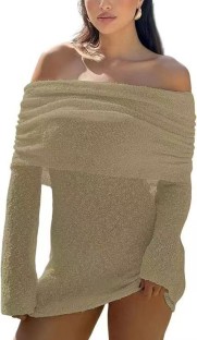 Coffee Off Shoulder Wrapped Skirt Dresses