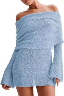 Baby Blue Off Shoulder Wrapped Skirt Dresses