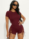 Burgundy Sexy Strap Design O Neck Skinny Rompers