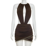 Brown Sexy Street Daily Party Bohemian Patchwork Wrapped Skirt Dresses