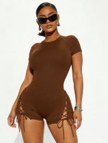 Brown Sexy Strap Design O Neck Skinny Rompers