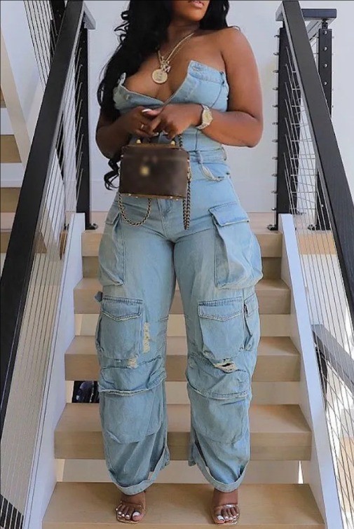 Light Blue Casual Camouflage Print Pocket Camouflage Jumpsuits