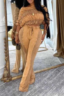 Orange Casual Solid Color Off Shoulder Two Pieces