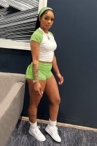 Green Solid Color O Neck Short Sleeve Two Pieces