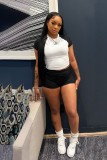 Black Solid Color O Neck Short Sleeve Two Pieces